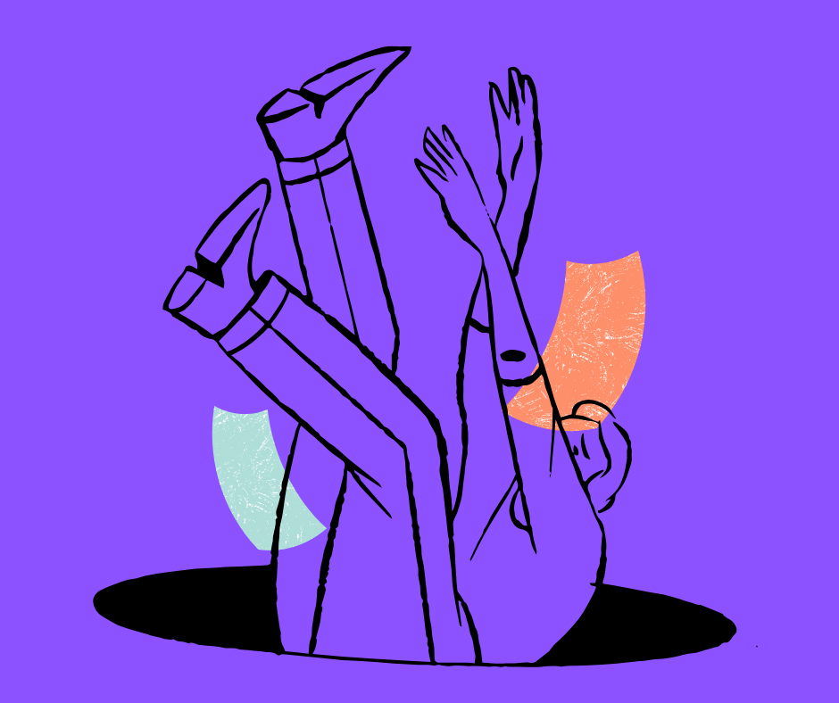 A line drawing of a man tumbling backwards down a hole in the ground against a purple background.