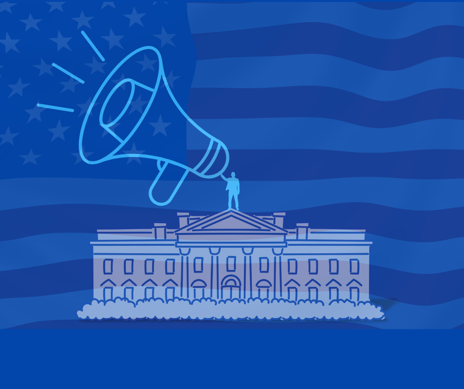 An illustration in blue of the White House from the front with a tiny man on the roof using a megaphone.