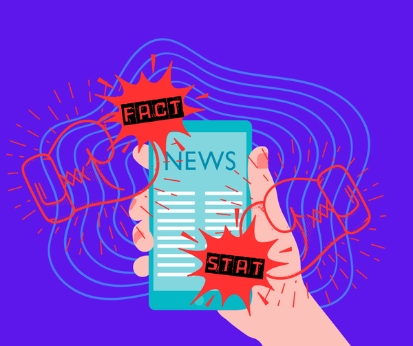 A hand holds a mobile featuring 'NEWS' while two boxing gloves jab splashes with 'FACT' and 'STAT'